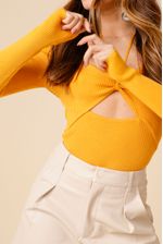 Blusa Tricot Amarração Decote Manga Longa  AMARELO G