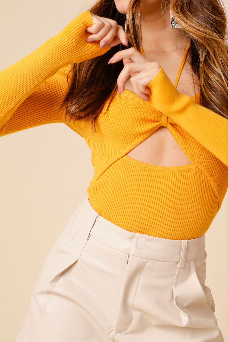 Blusa Tricot Amarração Decote Manga Longa  AMARELO G