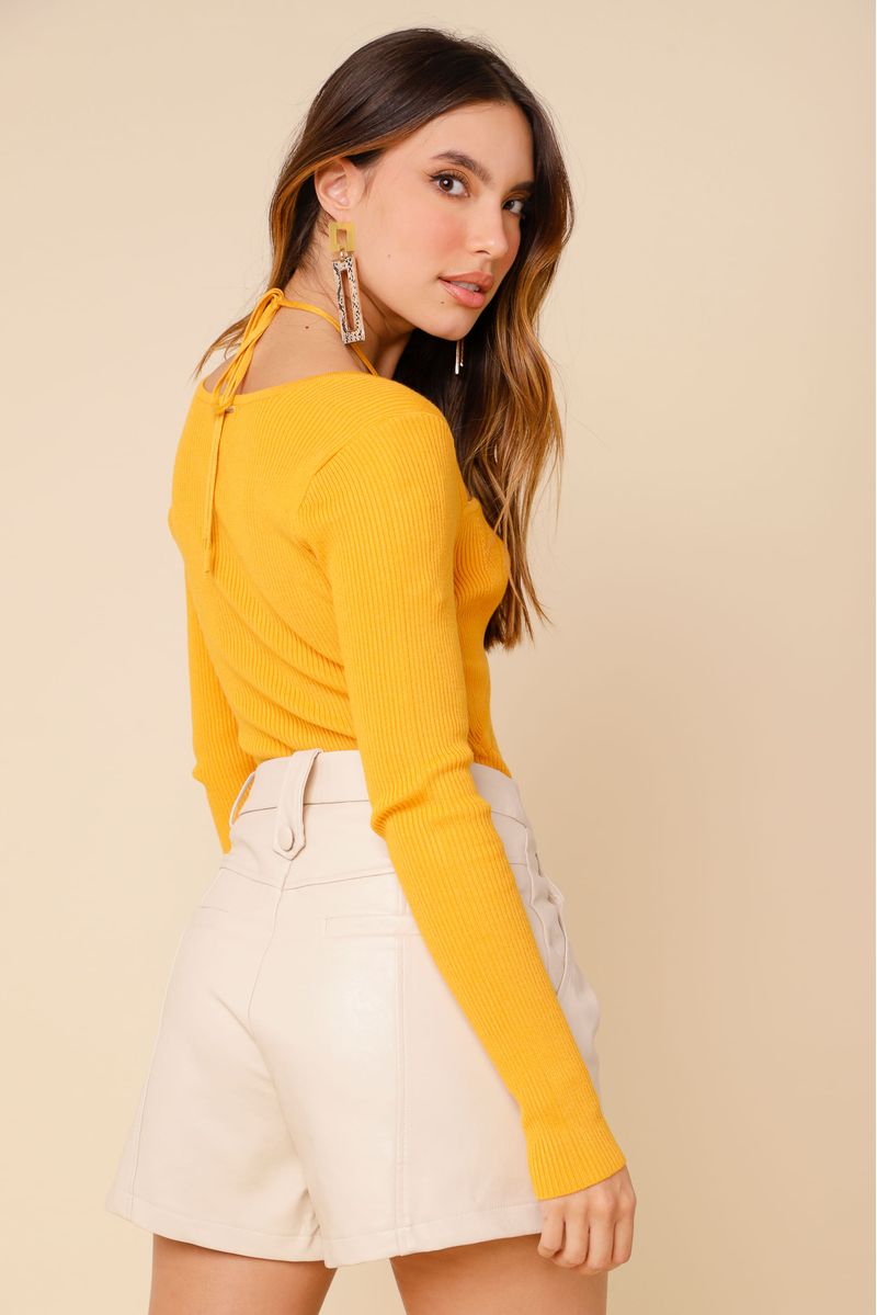 Blusa Tricot Amarração Decote Manga Longa  AMARELO G