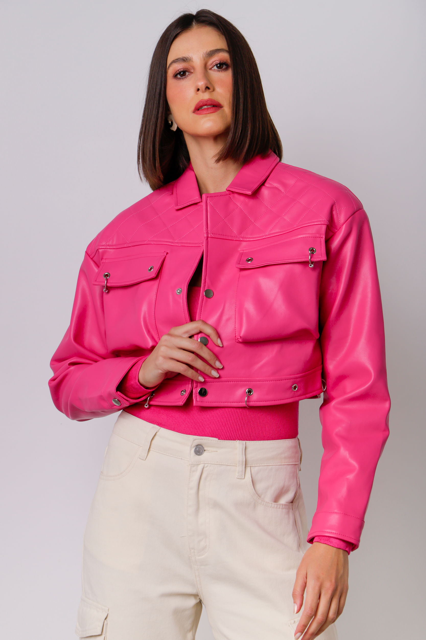Jaqueta Cropped Argolas Pu Pink Mamô