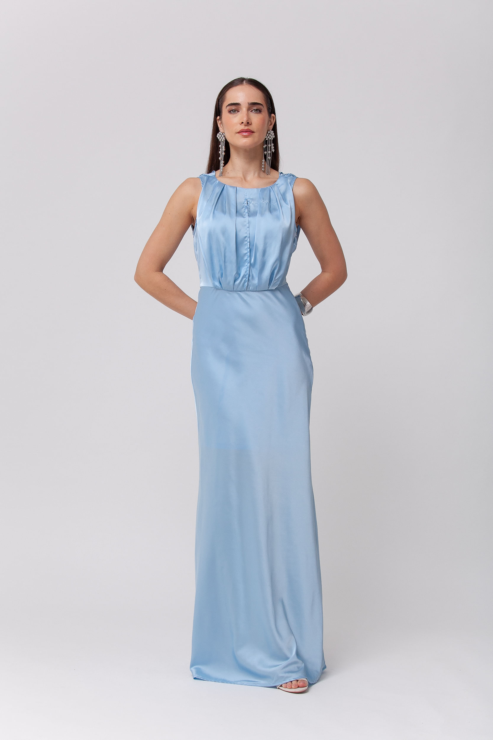 Vestido Longo Festa Acetinado Degage Azul Mamô