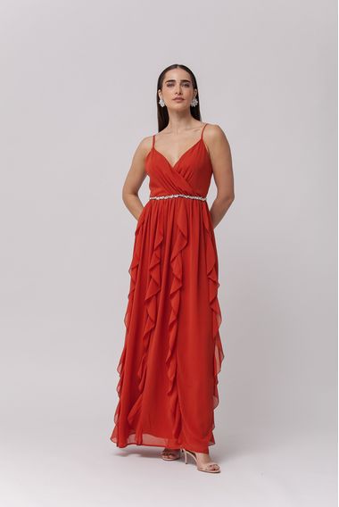 Vestido Festa Decote Transpassado Babados TERRACOTA