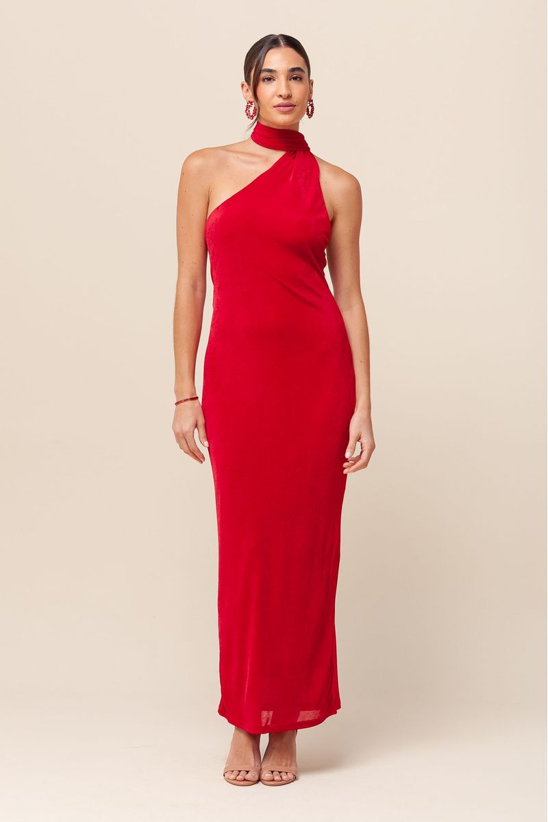 Vestido Midi Malha Gola Alta Vermelho Mamô