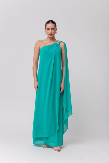 Vestido Longo Festa Fluído com Pedraria VERDE ÁGUA