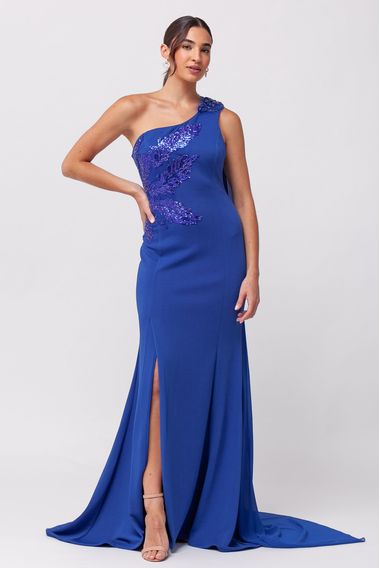 Vestido Longo Festa Chiffon e Bordado de Miçangas AZUL