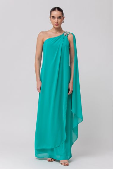 Vestido Longo Festa Fluído com Pedraria VERDE ÁGUA