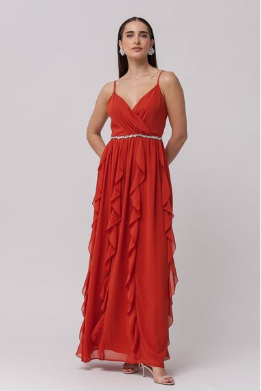Vestido Festa Decote Transpassado Babados TERRACOTA