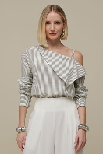 Blusa Assimétrica Listras Manga Longa CINZA