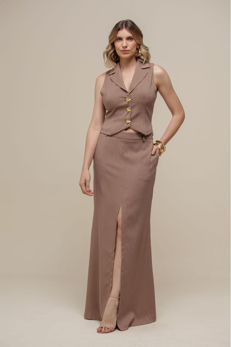 Saia Longa Alfaiataria Risca De Giz Marrom Mamô