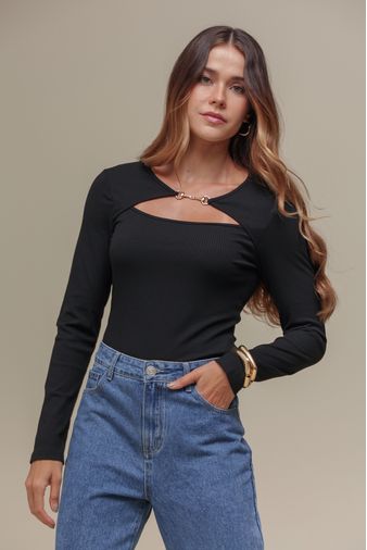 Blusa Manga Longa Malha Canelada PRETO