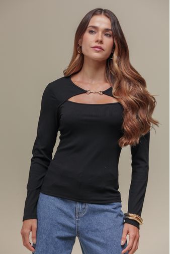 Blusa Manga Longa Malha Canelada PRETO