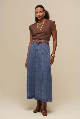 Saia Jeans Midi Evasê  MARINHO