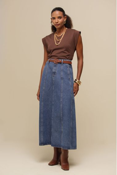 Saia Jeans Midi Evasê  MARINHO