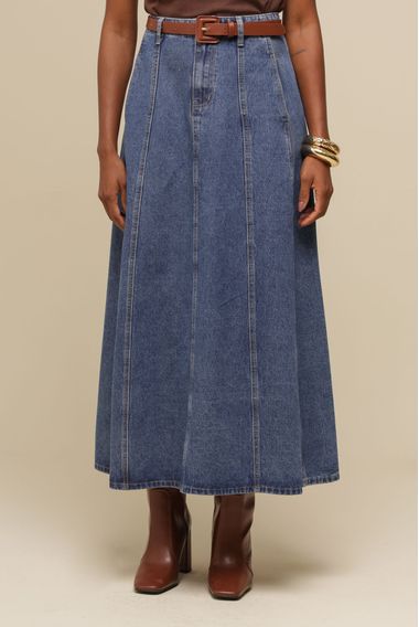 Saia Jeans Midi Evasê  MARINHO