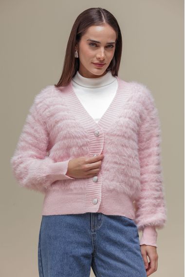 Cardigan Tricô Com Pelos  ROSA