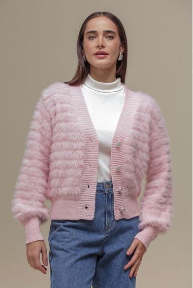 Cardigan Tricô Com Pelos  ROSA