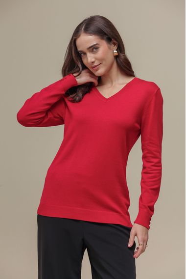 Blusa Tricô Decote V  VERMELHO
