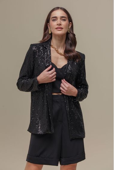 Blazer Alongado Paetê  PRETO