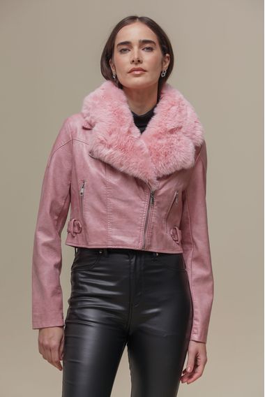 Jaqueta PU Com Gola de Pelo  ROSA