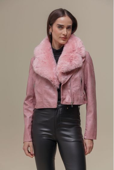 Jaqueta PU Com Gola de Pelo  ROSA