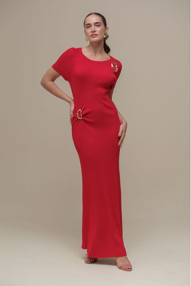 Vestido Tricô Longo Fivela  VERMELHO