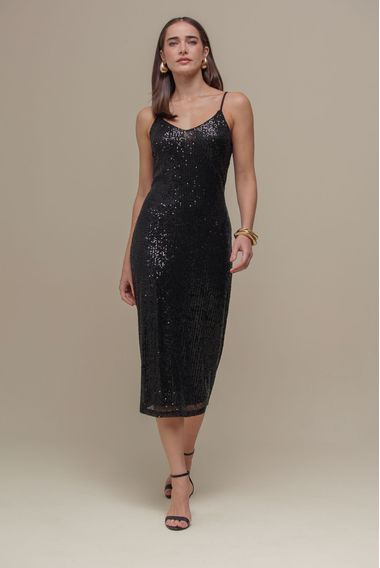 Vestido Midi Paetê  PRETO