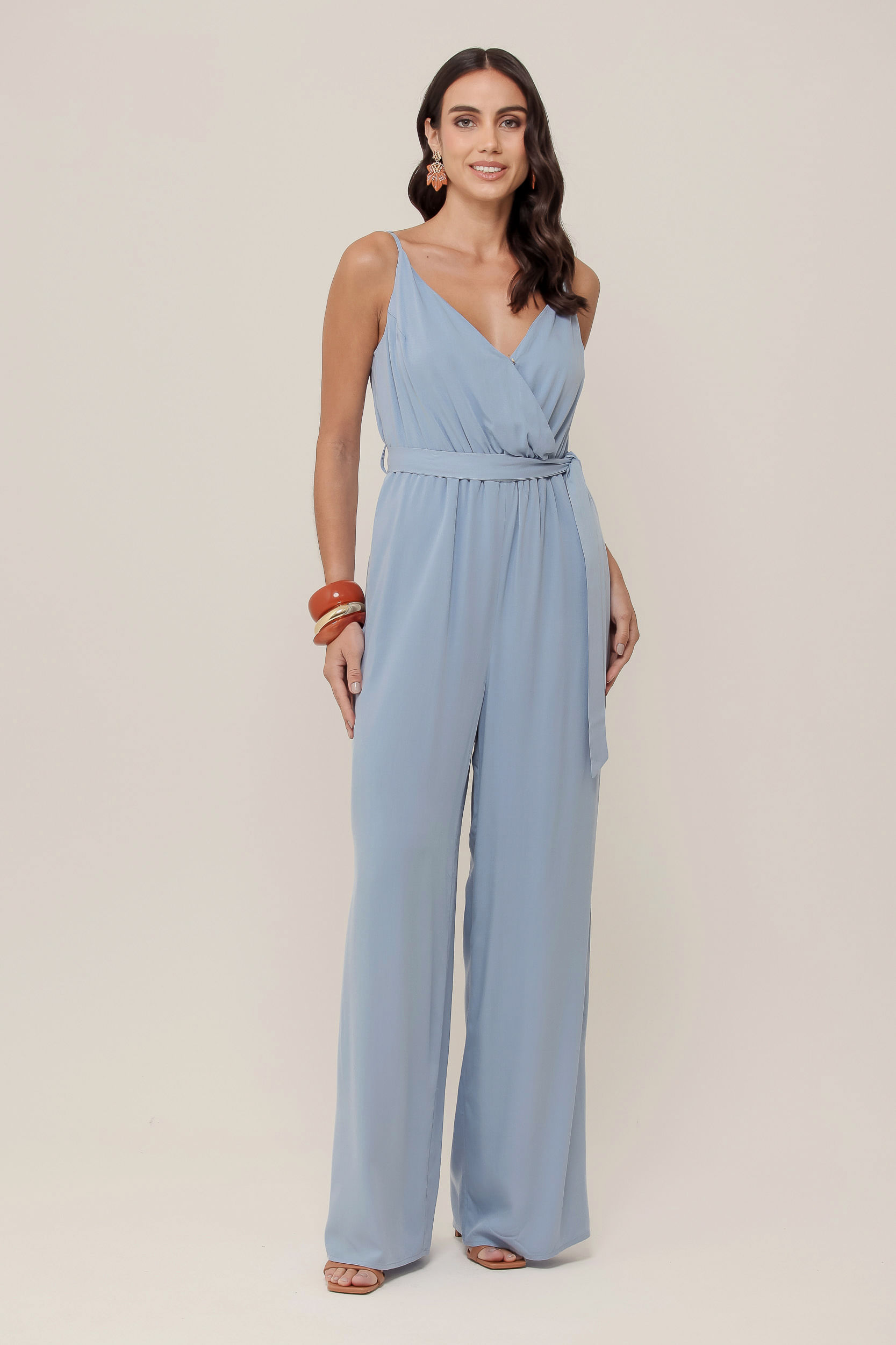 Macacão Transpassado Em Viscose Azul - Mamô