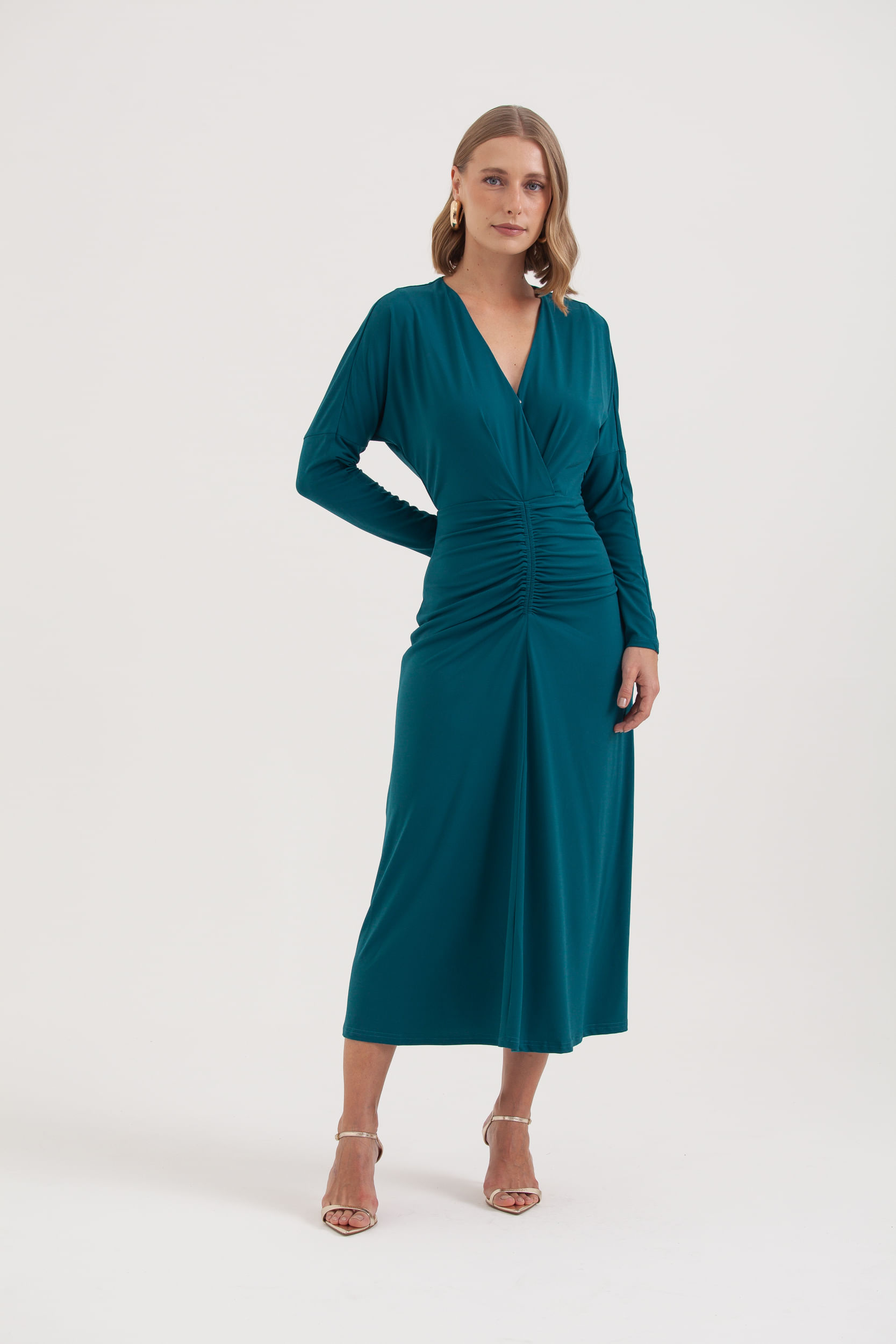 Vestido Jersey Manga Longa Franzido Frente AZUL - Mamô