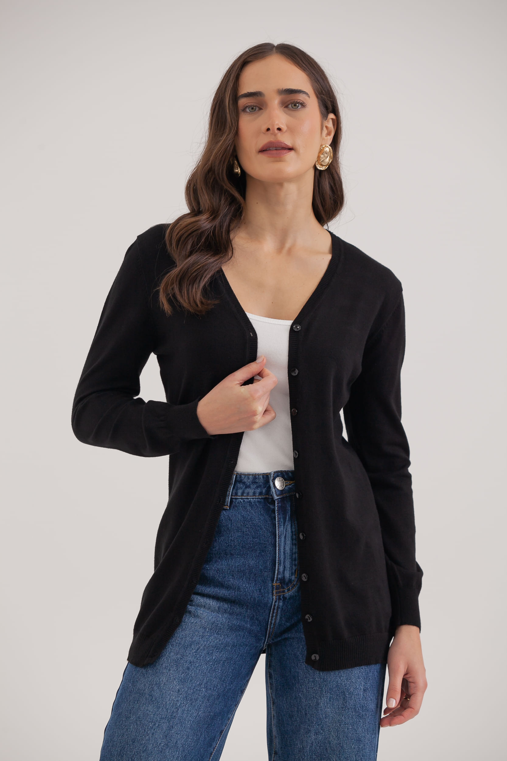 Cardigan Tricô Decote V Preto - Mamô