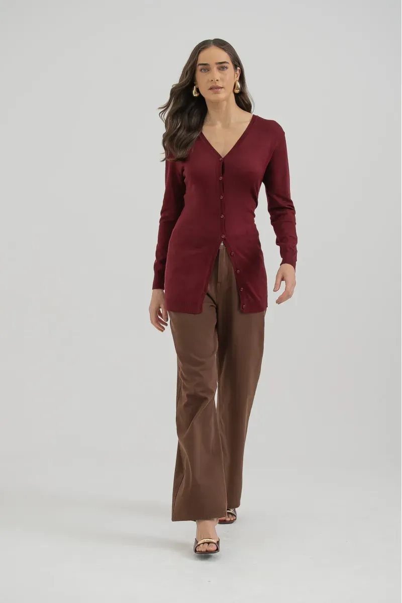 Cardigan Tricô Decote V Vinho - Mamô