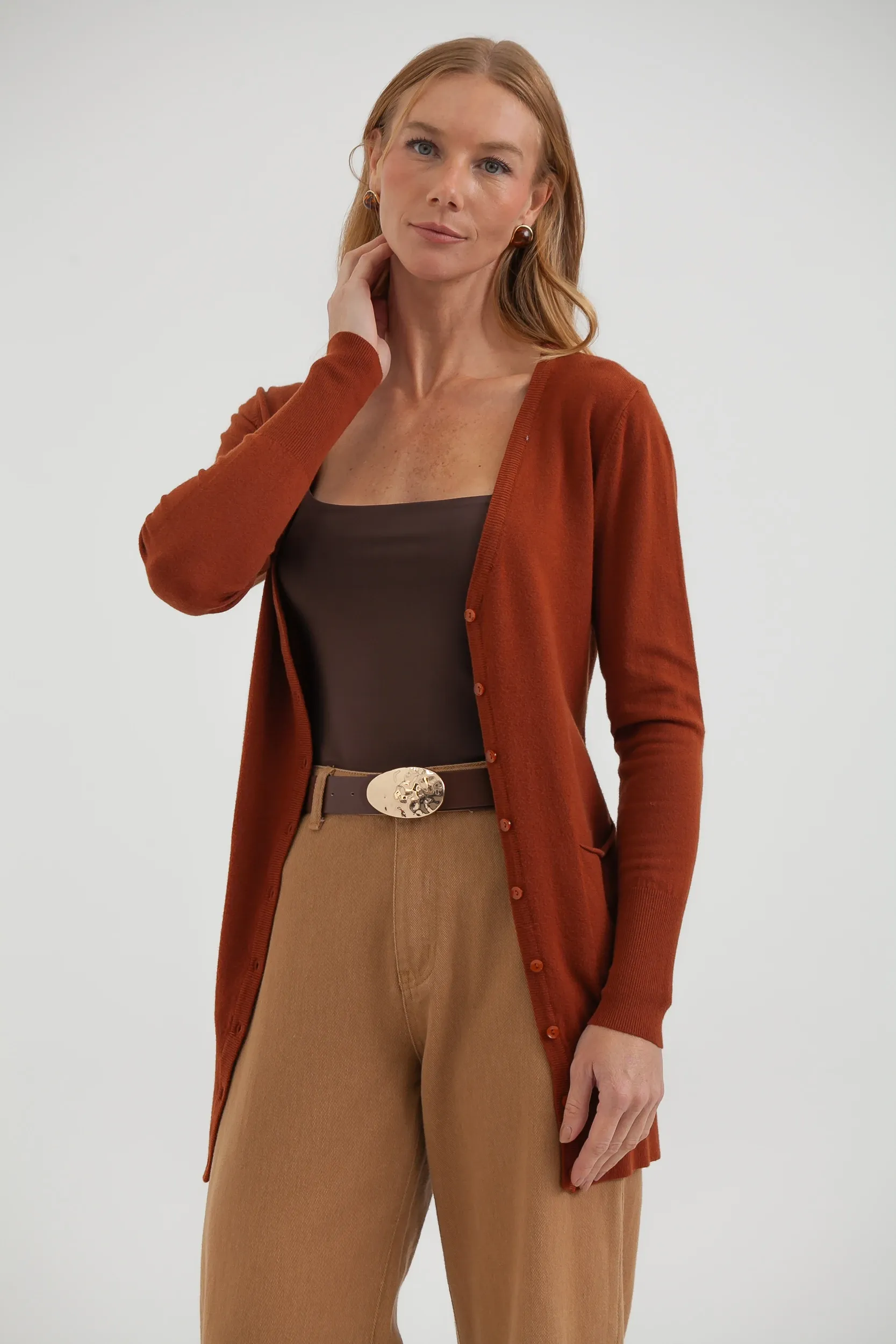 マロン Cardigan Tricô Alongado Marrom - Mamô